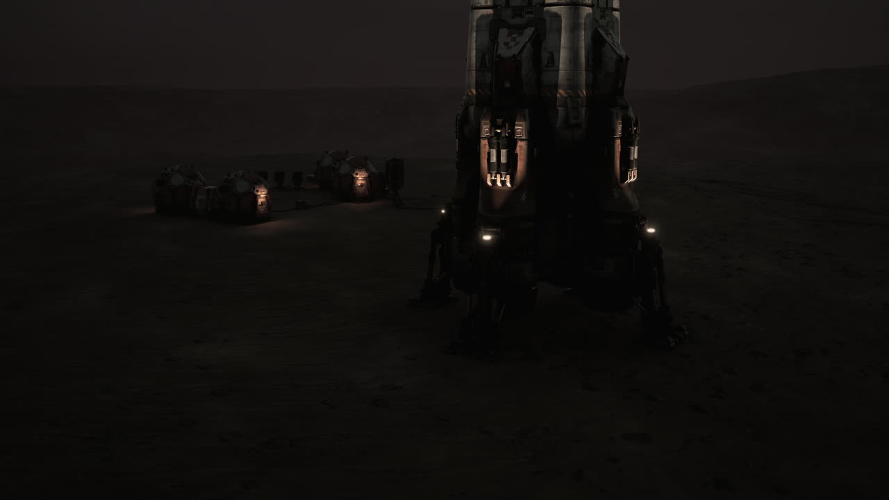 A rocket lands on the surface of Mars at night, near a small settlement.