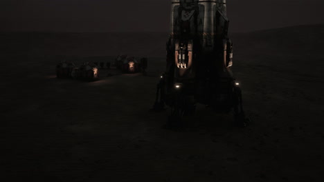 a rocket lands on the surface of mars at night, near a small settlement.