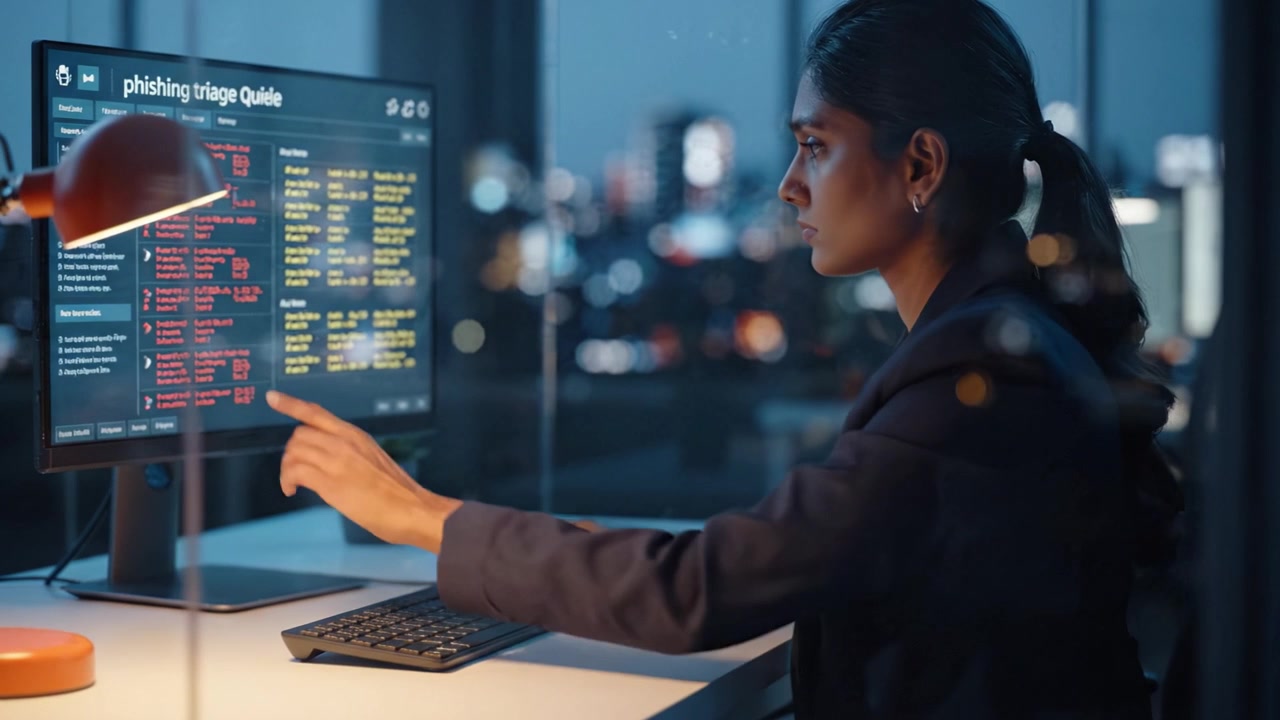 Focused Cybersecurity Analyst Working Late at Night with a Computer, Analyzing Phishing Threats on a Screen in a Modern Urban Office Environment