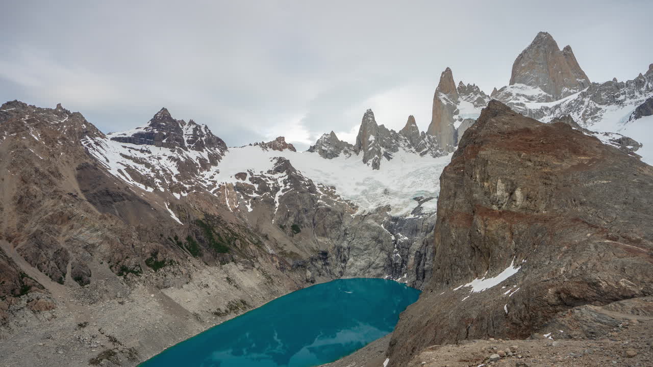 Hyperlapse Timelapse of Blue Glacial Sucia Lake Under Andes Peaks. Fitz Roy, Patagonia, Chile Argentina Border