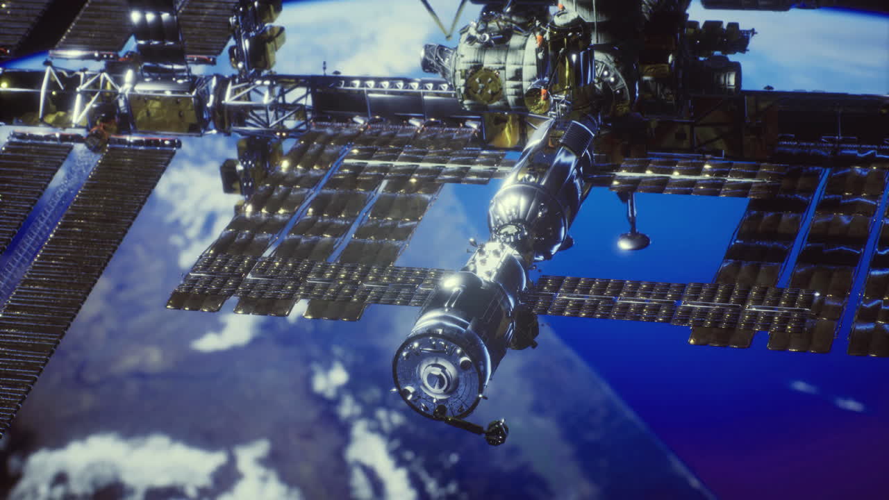 Satellite structure orbits earth in stunning celestial view near dusk