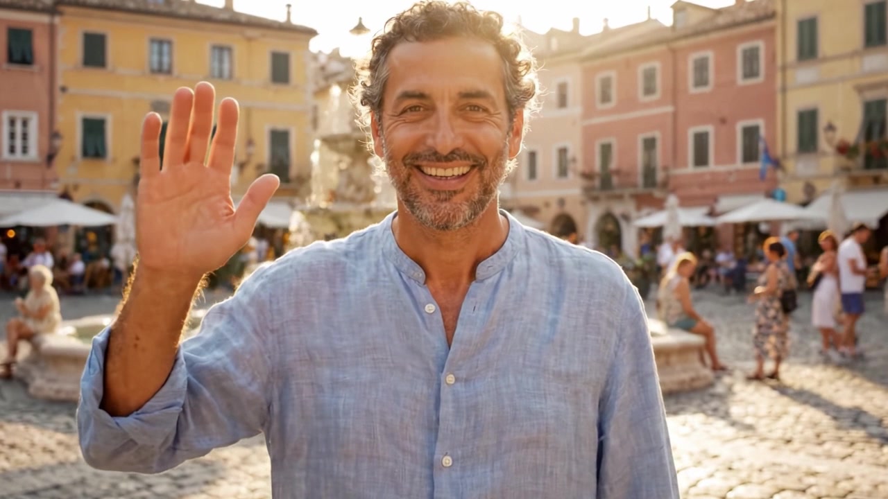 Un uomo allegro in una vivace piazza tra edifici colorati e una graziosa fontana, che irradia felicità mentre altri si godono la calda atmosfera dell'incontro.