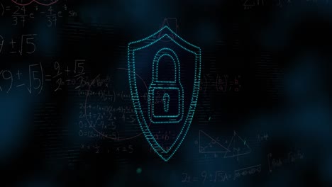 Animation-of-mathematical-equations-over-padlock-icon-on-black-background