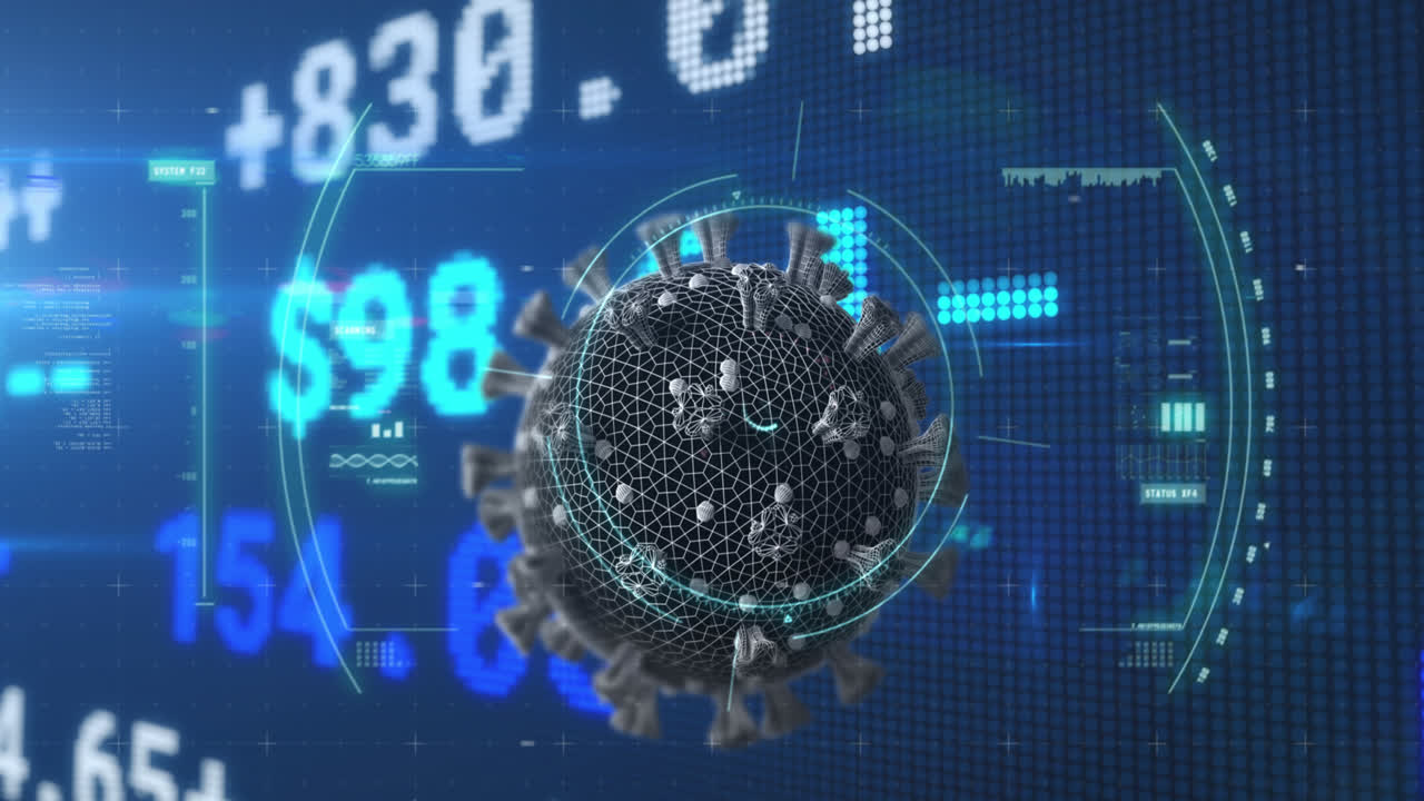 주식 시장 데이터 처리 및 스 스캐닝 코로나19 세포에서 파란색 배경