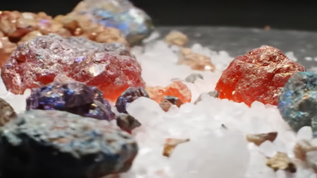 A Vibrant Display of Colorful Minerals and Crystals Amongst Shimmering Salt Particles, Showcasing Nature's Stunning Geological Diversity and Beauty