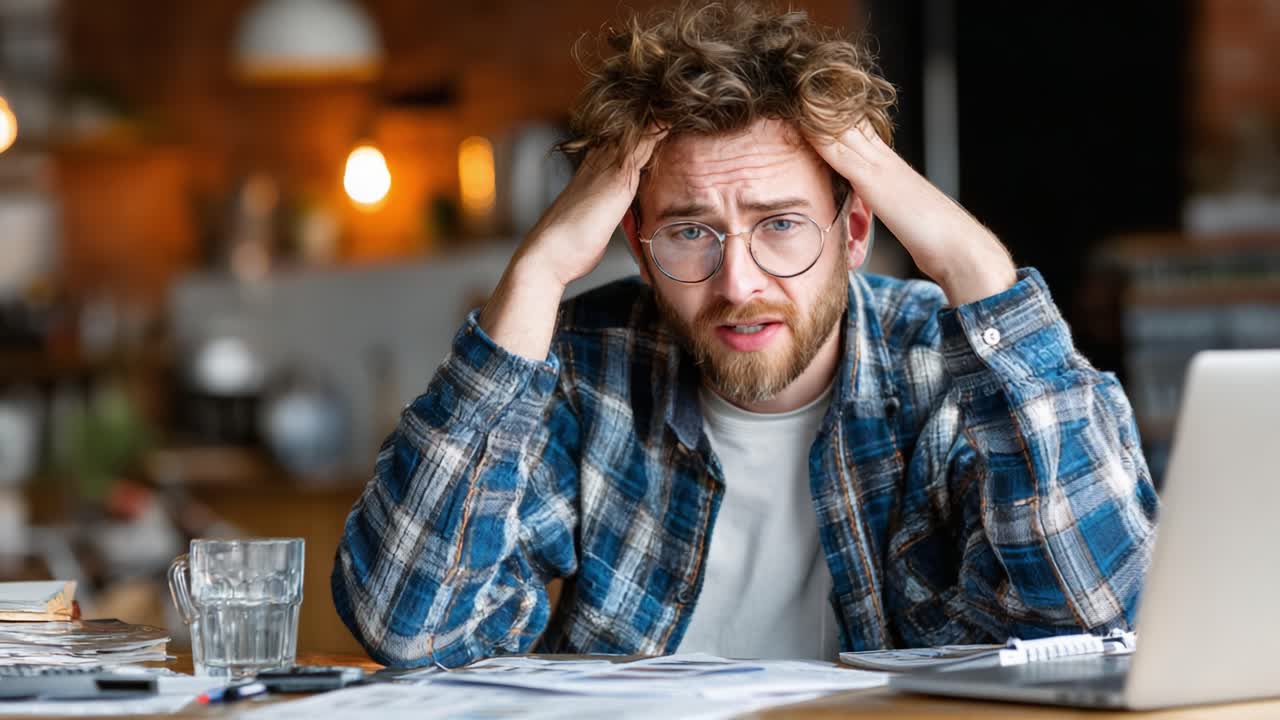 Struggling with Stress: A Young Man Experiences Overwhelm and Frustration While Working at His Desk in a Cozy Environment Surrounded by Paperwork and a Laptop