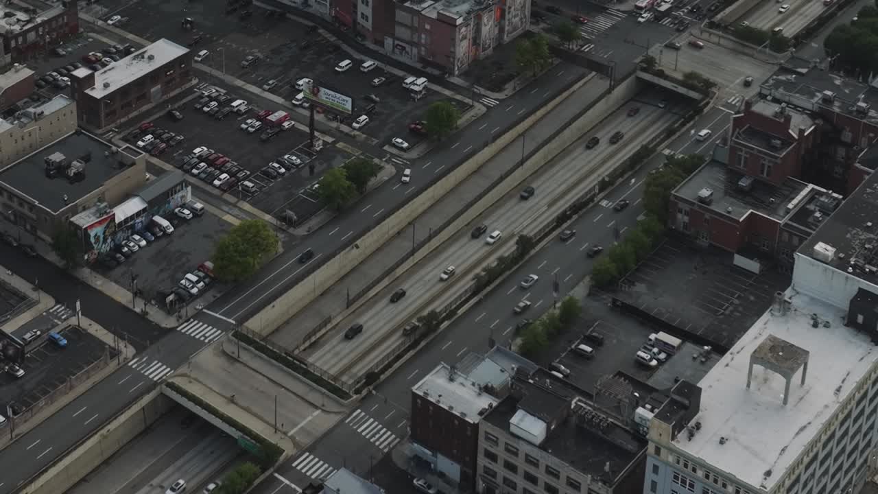 Aerial view of Philadelphia streets and buildings during a quiet morning