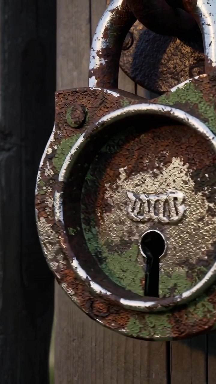 Vertical video: Tilting camera showing padlock revealing keyhole on fence post to expose rust