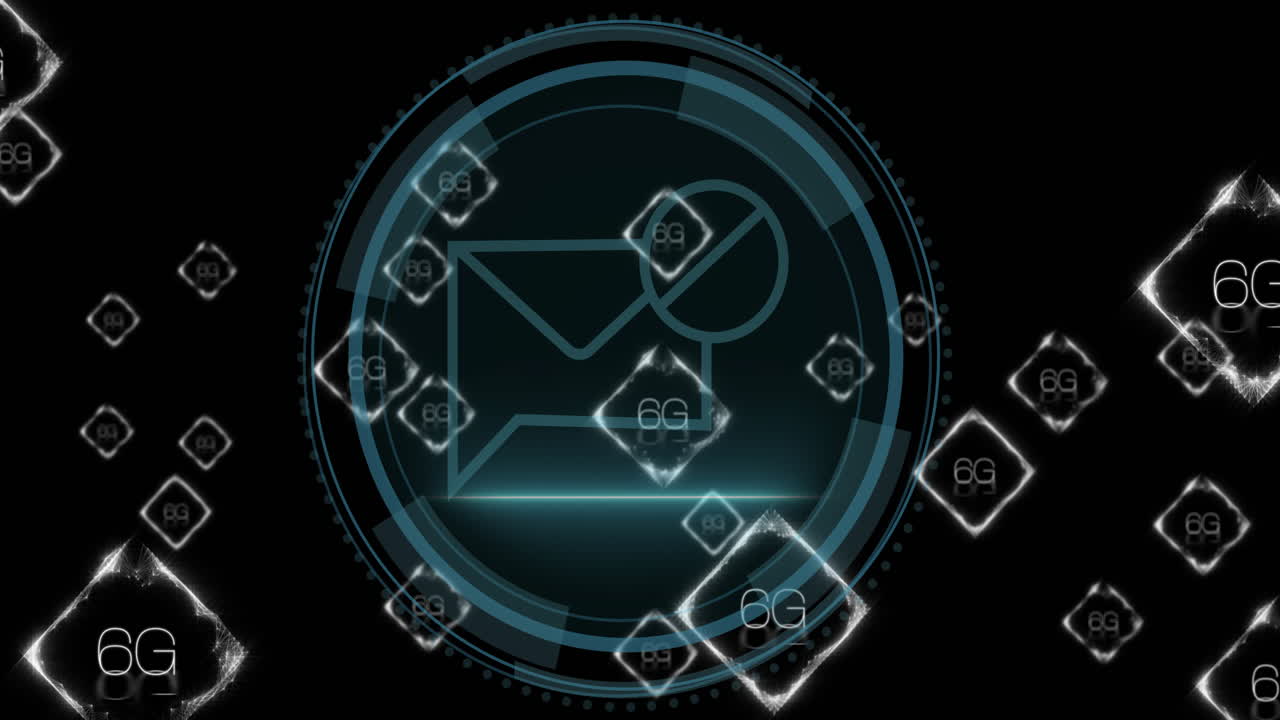 Animation of 6g text and digital data processing over email icon and scope scanning