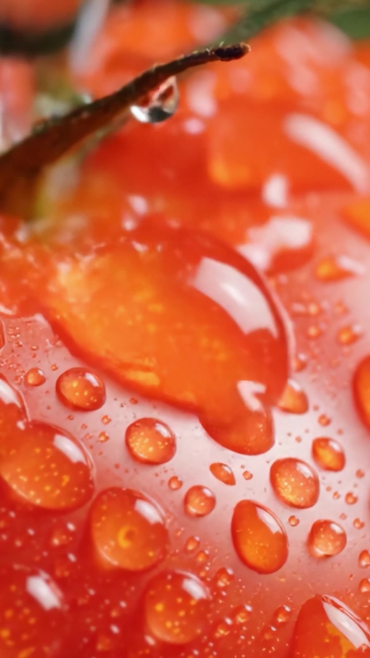 Un'esplorazione ravvicinata di un pomodoro succoso che luccica con goccioline d'acqua fresca, catturando il vibrante colore rosso e la consistenza invitante con dettagli mozzafiato.
