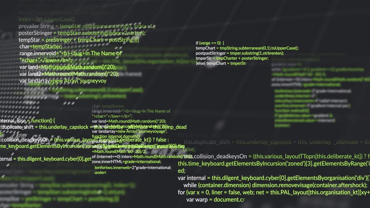 Bandas de código verdes apareciendo gradualmente en zooms iniciales mientras un mapa de puntos y bloques de código se desplazan, visualizando datos.