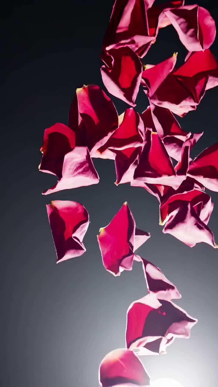 Close-up video of red rose petals falling against a dark background