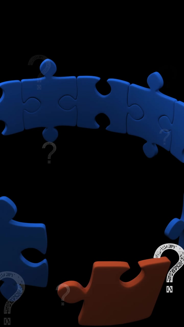 Animazione di punti interrogativi e puzzle su sfondo nero