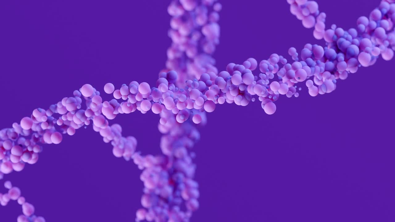 estructura de adn 3d en color lavanda sobre un fondo púrpura. rotación de la espiral genética. primer plano. abstracto animación de bucle 3d para presentaciones médicas y científicas.