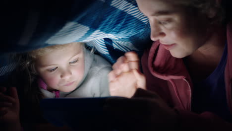 madre e hija felices usando una tableta bajo una manta jugando juegos en la tecnología de pantalla táctil relajándose divirtiéndose antes de acostarse