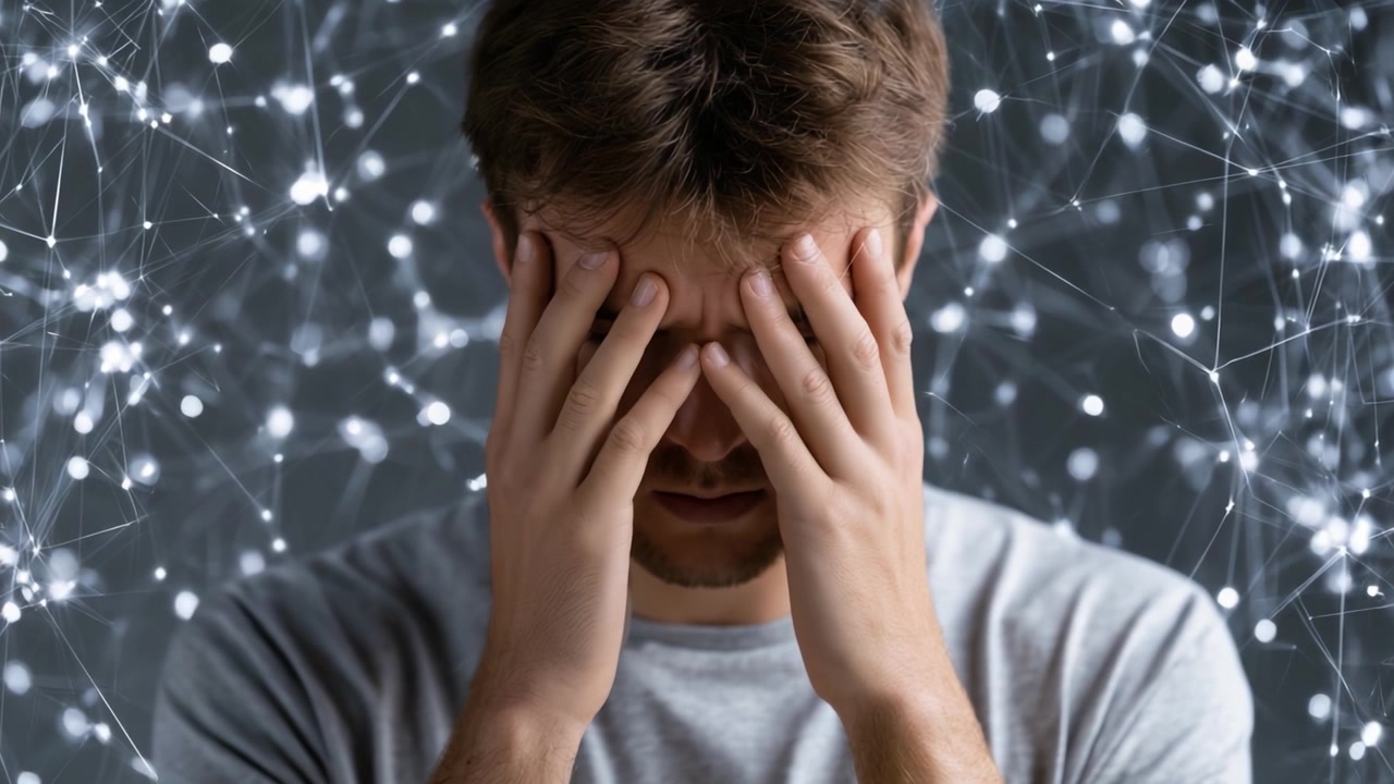 Un giovane uomo che lotta con stress e ansia opprimenti, in un contesto di connessioni complesse e pensieri stressanti.