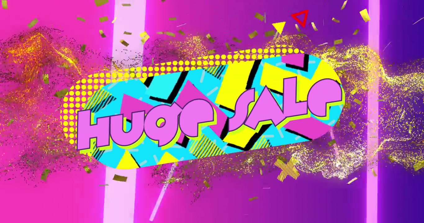 Animazione di un enorme testo "Saldi" su un fumetto vintage e forme al neon su sfondo scuro.