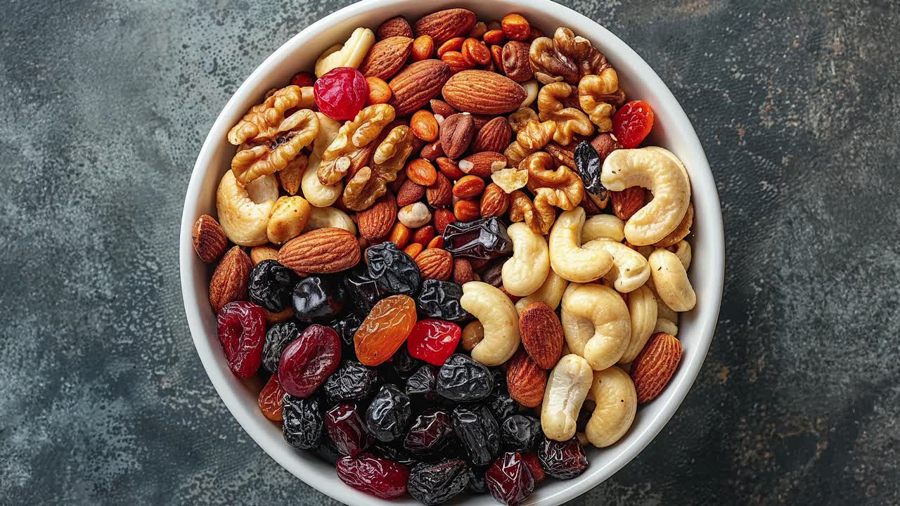 Skål med blandede nøtter og tørket frukt på mørk bakgrunn