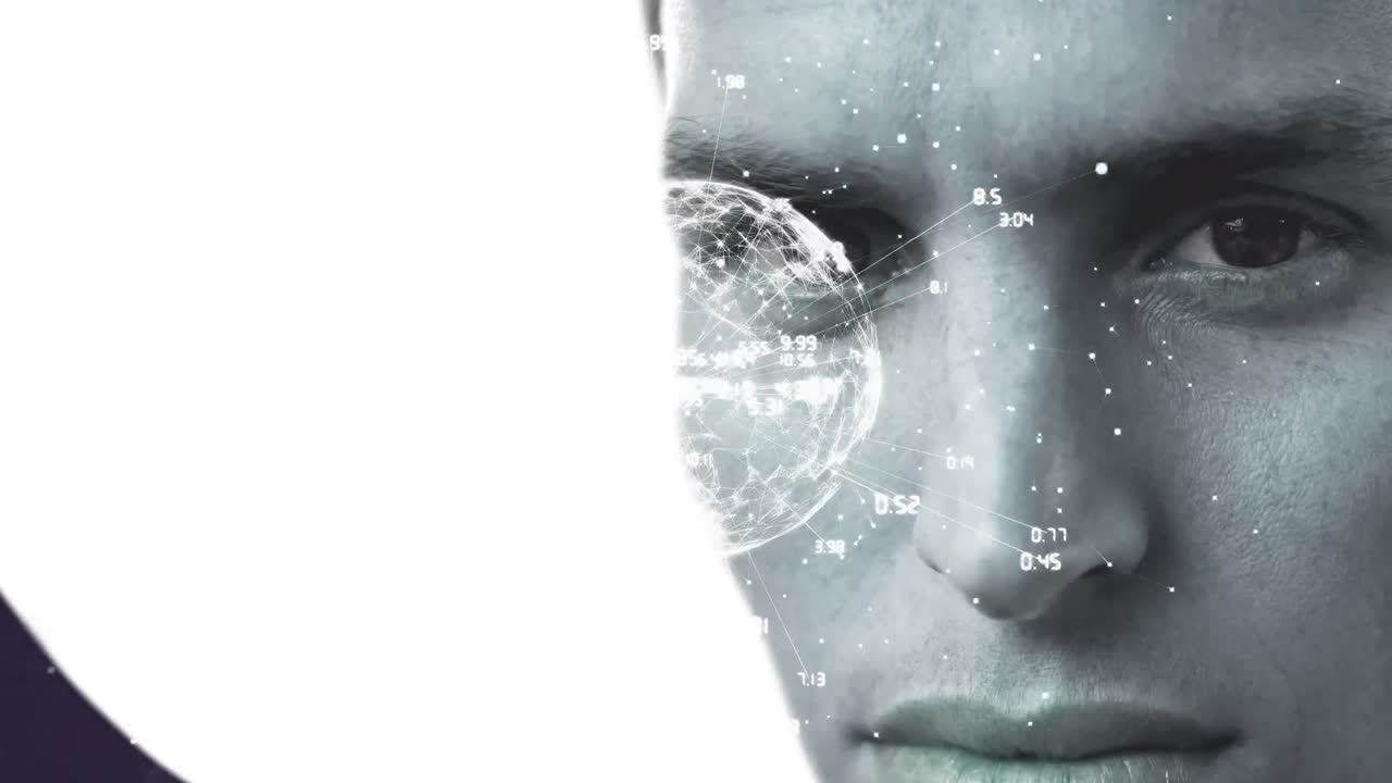 Animation of globe with network of connection over man's face