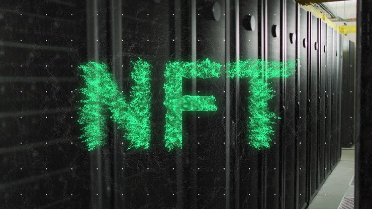 Animation of green nft text banner against computer server room