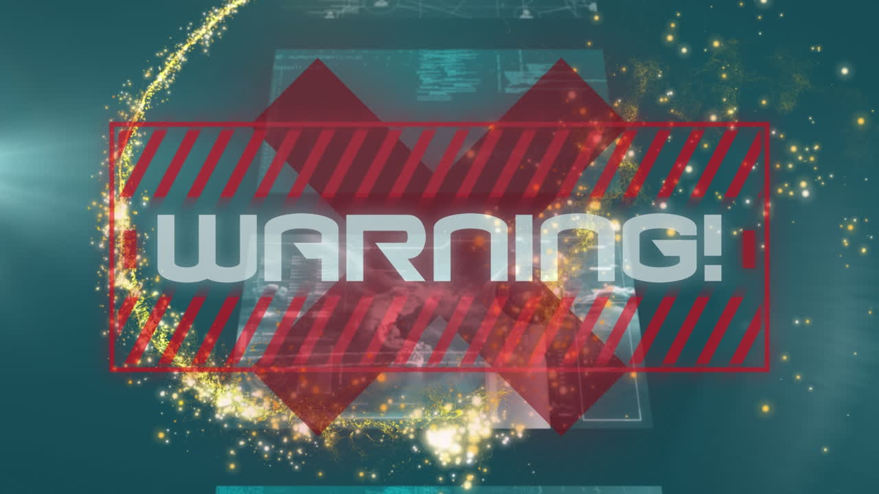 디지털 화면에  ⁇ 는 별과 데이터를 가진 경고 텍스트의 애니메이션