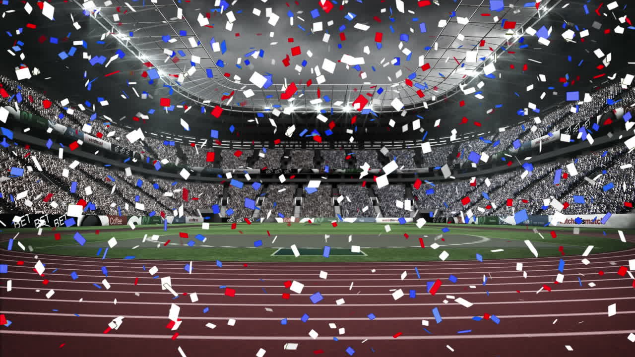 스포츠 경기장 위로 떨어지는 파란색과 빨간색 콘페티의 애니메이션