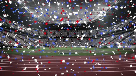 animation of blue and red confetti falling over sports stadium