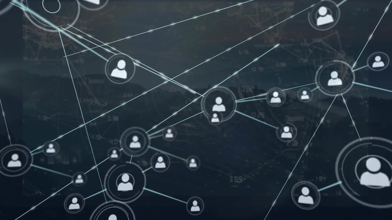 Animation of network of connections and data processing over landscape