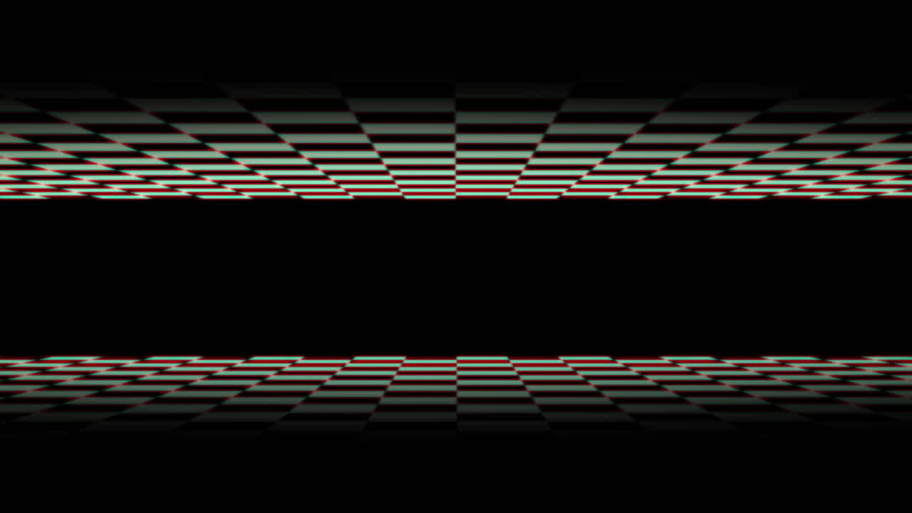 Black and white checkerboard stripes moving at the top and bottom of a black background