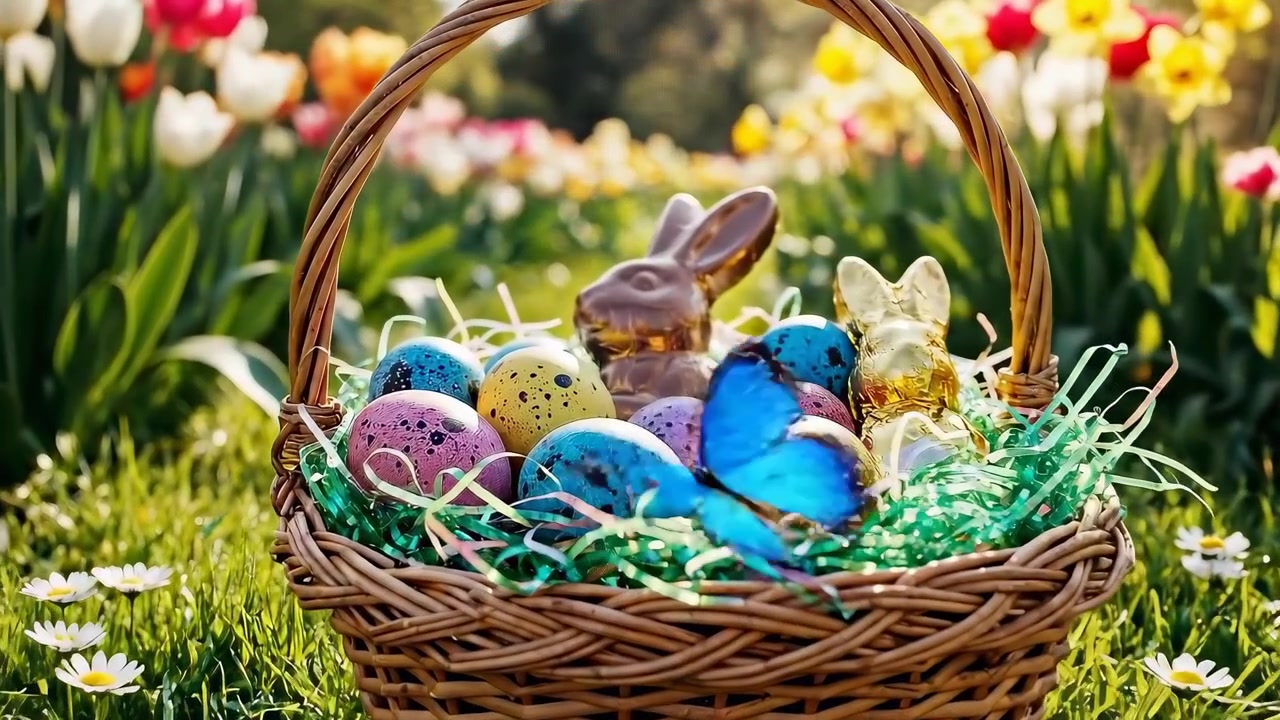 Easter Basket with Chocolate Bunnies and Colorful Eggs in a Garden