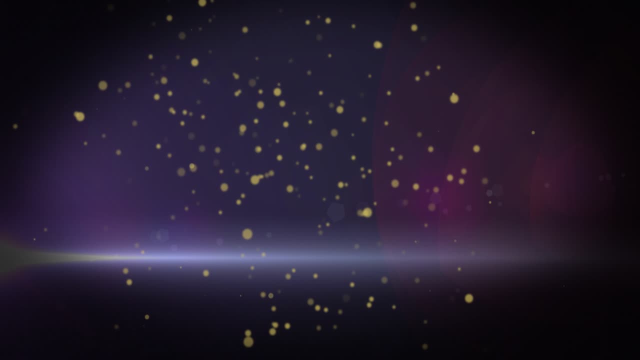 Una fascia di luce che si intensifica, con bokeh dorato che fluttua e si addensa su uno sfondo viola-magenta per l'interfaccia utente.