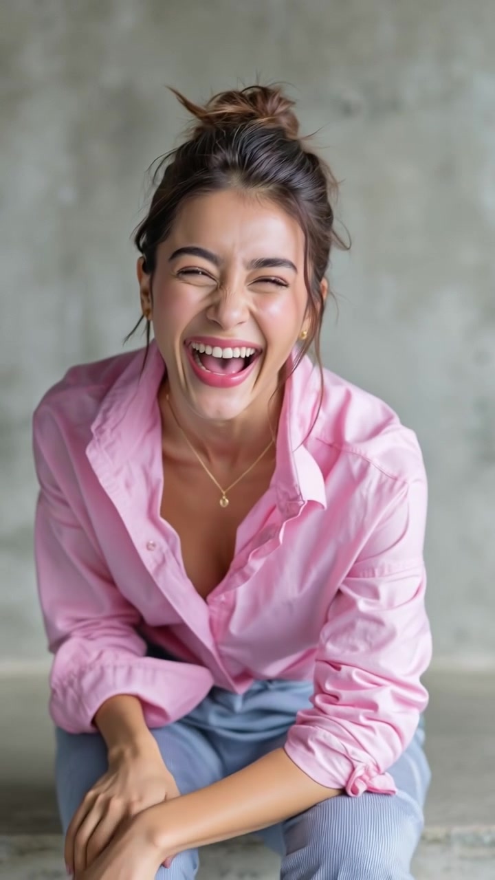 Bella giovane donna che indossa una camicia rosa, ride e sorride mentre è seduta contro un muro di cemento.