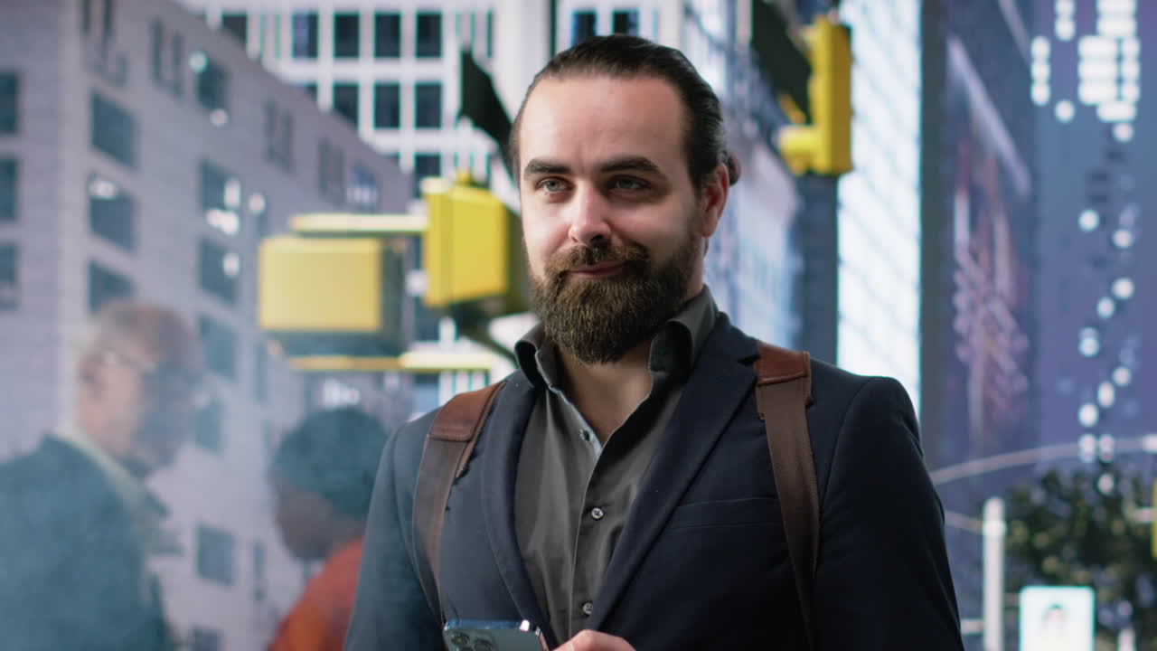 Portrait of male business professional checking mobile apps at a red light