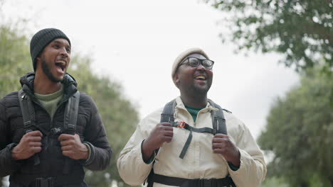 friends, men and walking in outdoor at camp