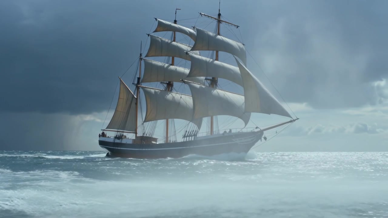 Nave a tre alberi che naviga solcando un mare agitato, il vento gonfia le vele, l'equipaggio in cappotti si dirige verso un mare più calmo.