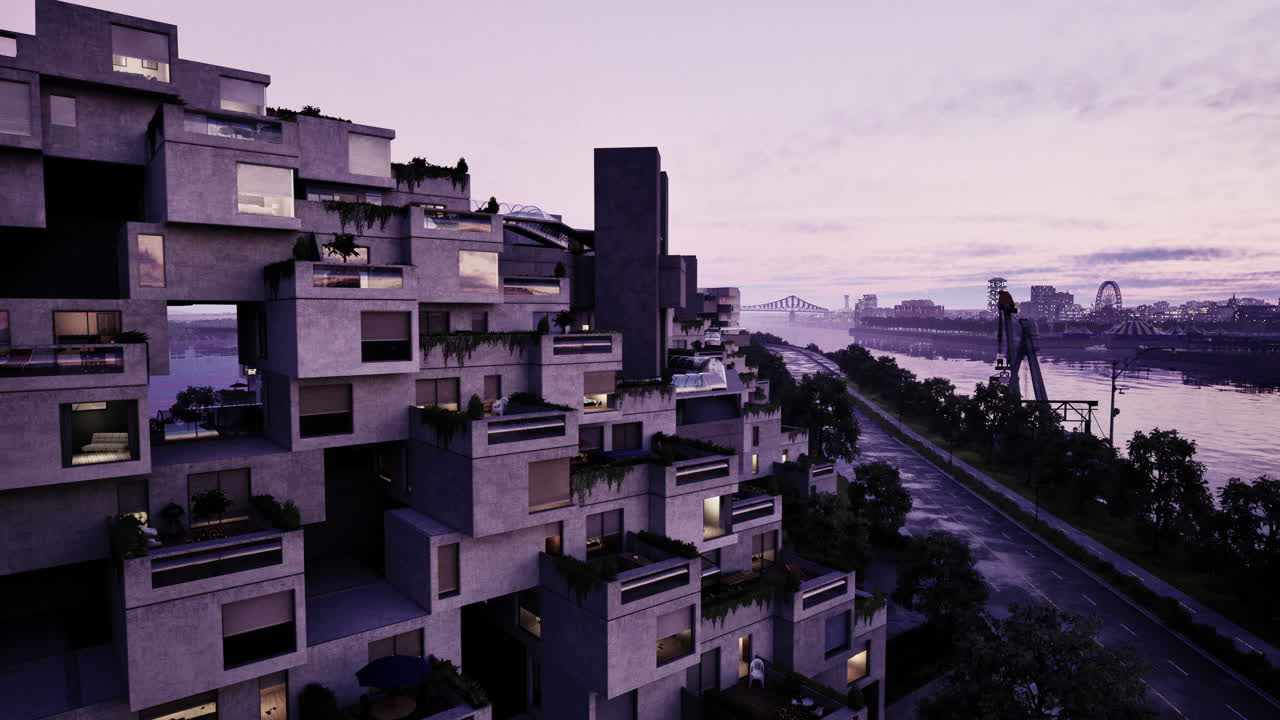 Tall building towering over waterfront