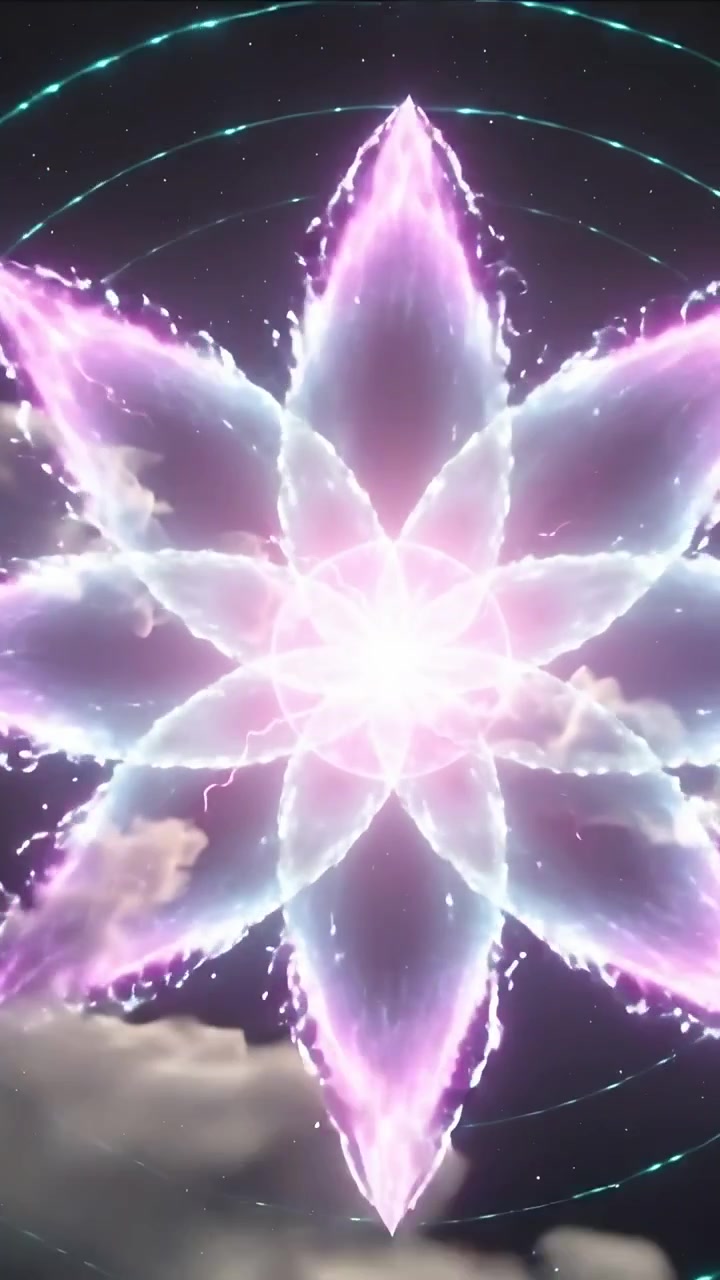 Video verticale: Sfera di energia che si accende e pulsa, sbocciando con otto petali sopra le nuvole con archi di fulmini.