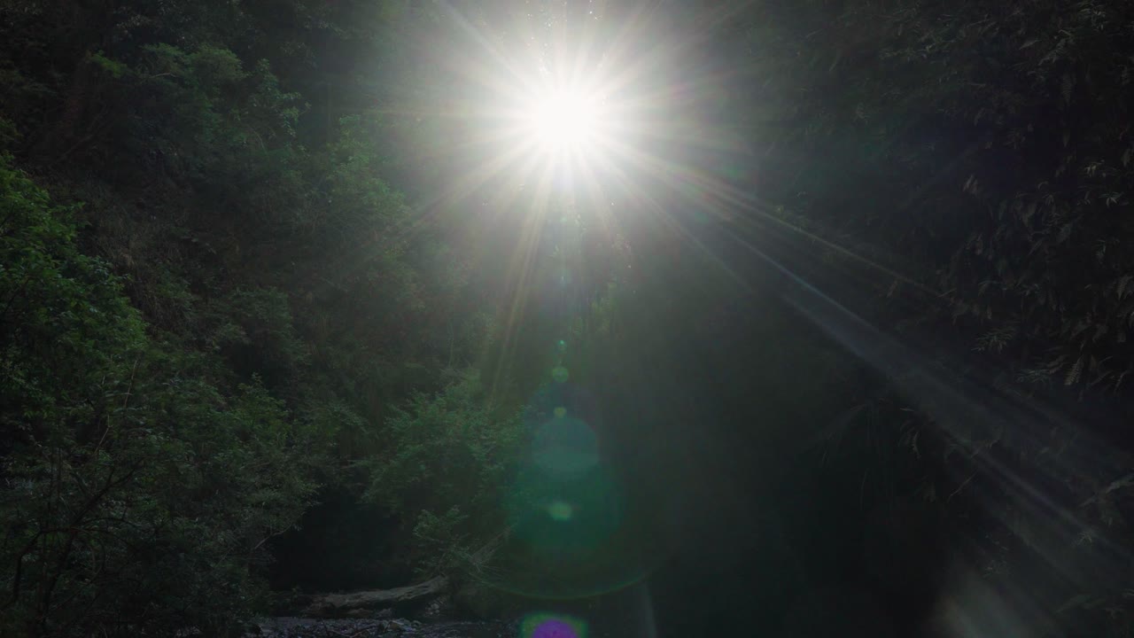 Handheld of sun beams and mist from hidden Mili Mili waterfall hidden surrounded by dense green vegetation, Coñaripe, Chile