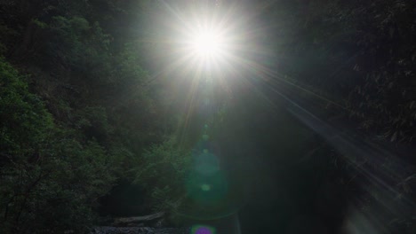 handheld of sun beams and mist from hidden mili mili waterfall hidden surrounded by dense green vegetation, coñaripe, chile