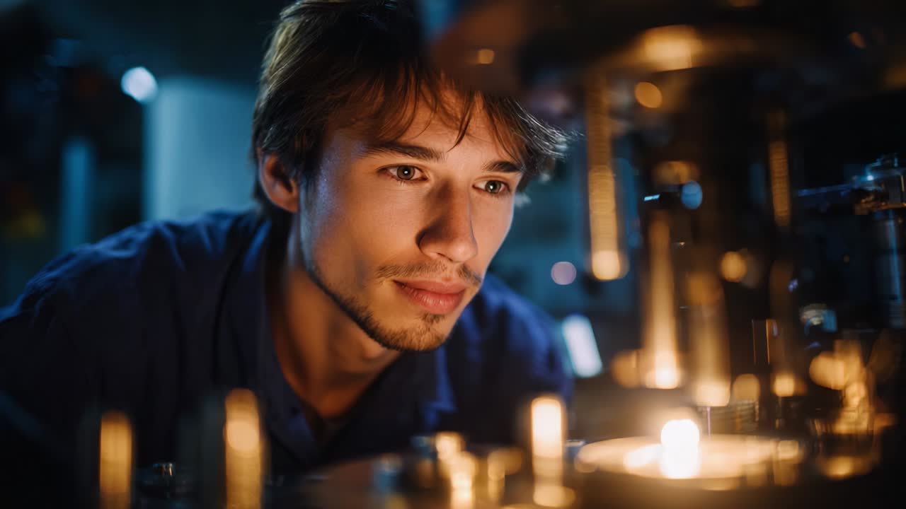 A focused engineer closely examines intricate machinery illuminated by a soft glow, showcasing a moment of curiosity and technological exploration in a workshop environment