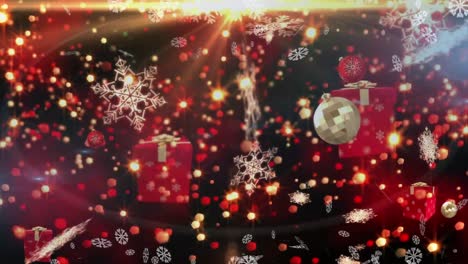 Animation-of-christmas-boubles-presents,-snow-and-stars-falling-over-red-background