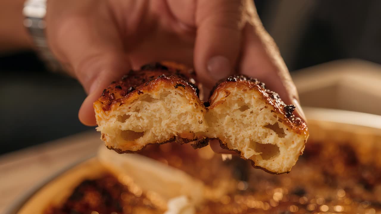 Holding man's hand with wristwatch picking up torn pastry at table, showing airy crumb and tart