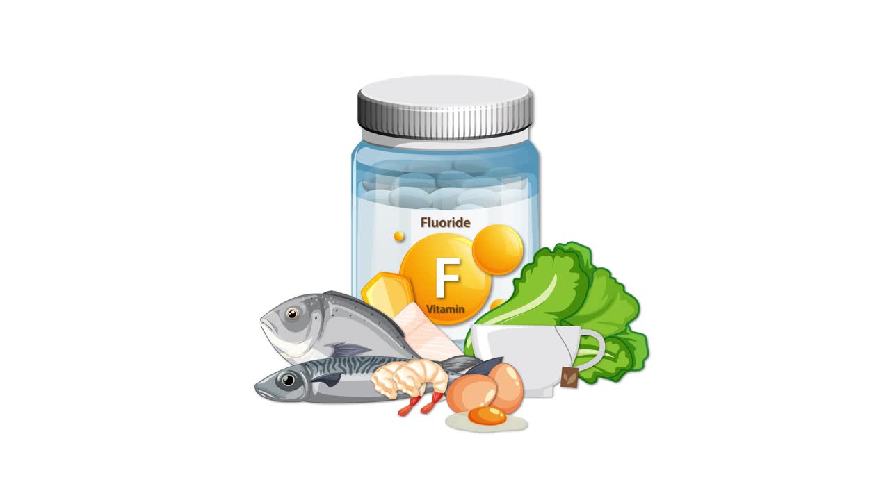 Fluoride supplement bottle with fish, leafy greens, eggs, and cheese appearing in smooth, staged sequence