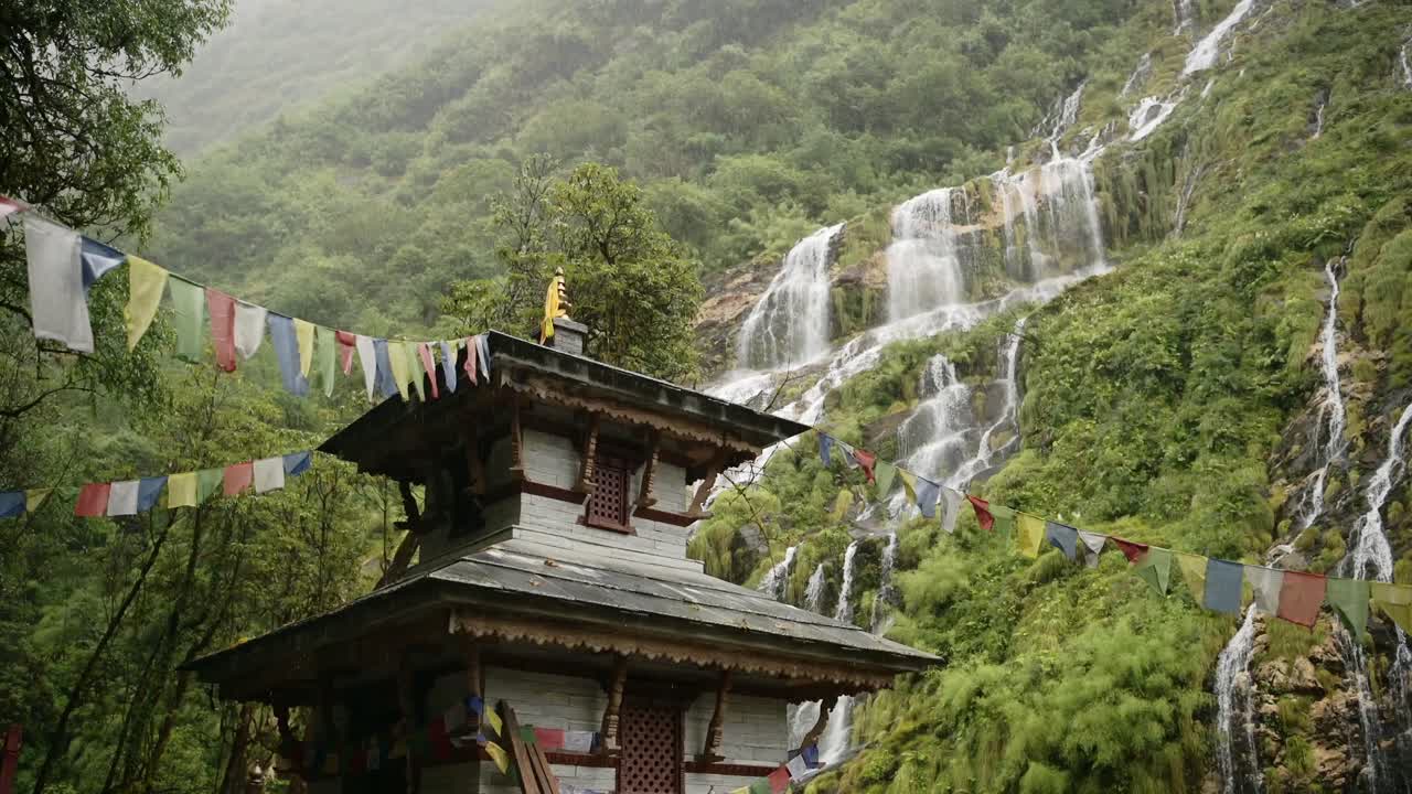Buddhist Temple in Nature and Mountains, Temple in the Mountains of Nepal with Waterfall and Lush Green Scenery, Religious Building in Beautiful Landscape and Nature
