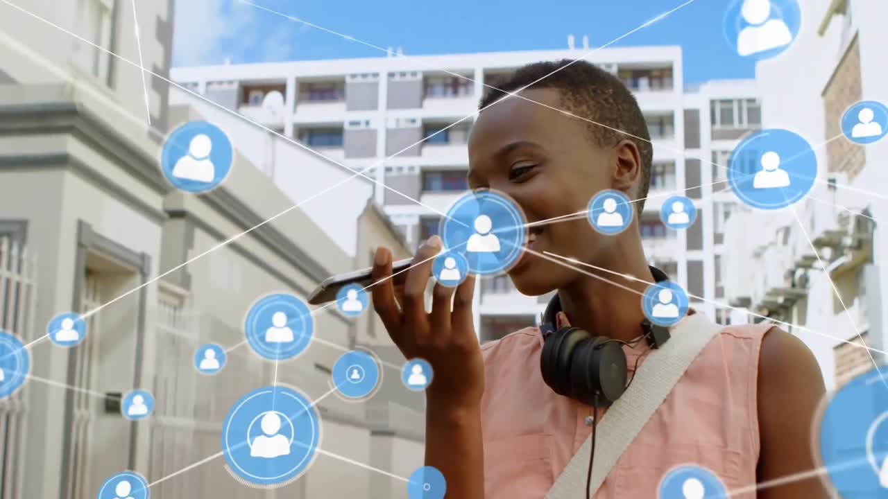 Animation of network of connections over african american woman using smartphone