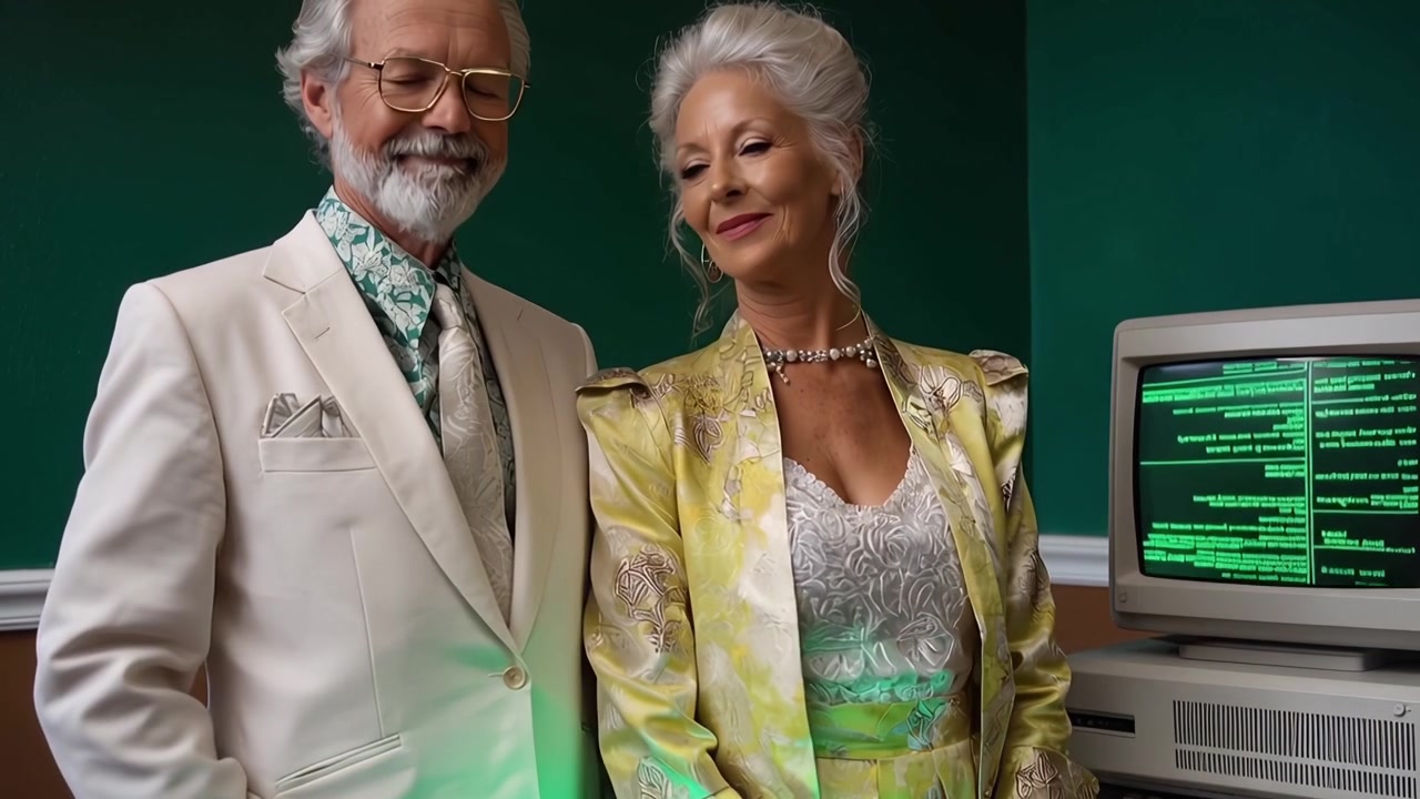 Elegante coppia anziana in posa con computer vintage e green screen