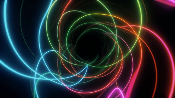 Dynamic Swirling Neon Light Trails on Black Background