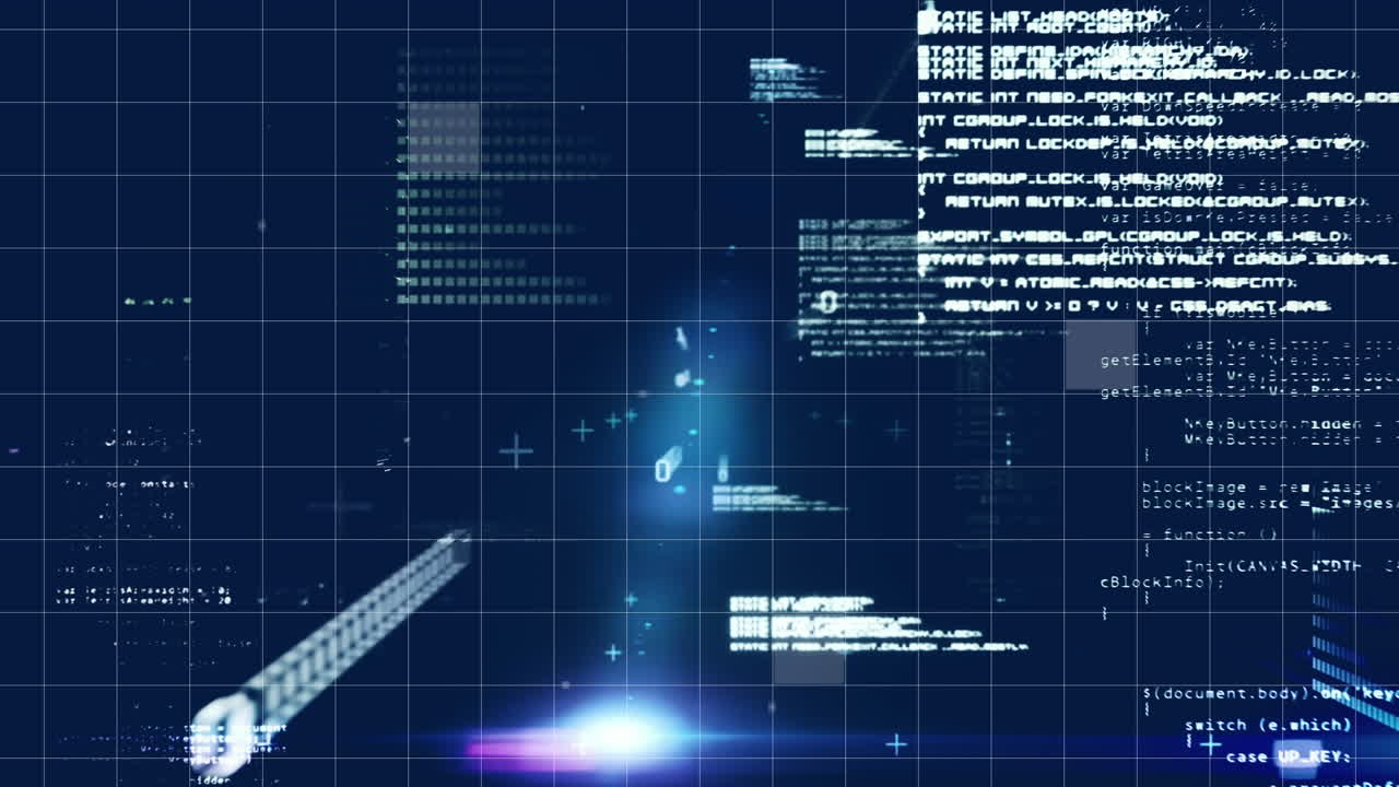 Animation of moving blue shapes numbers data and information over a grid