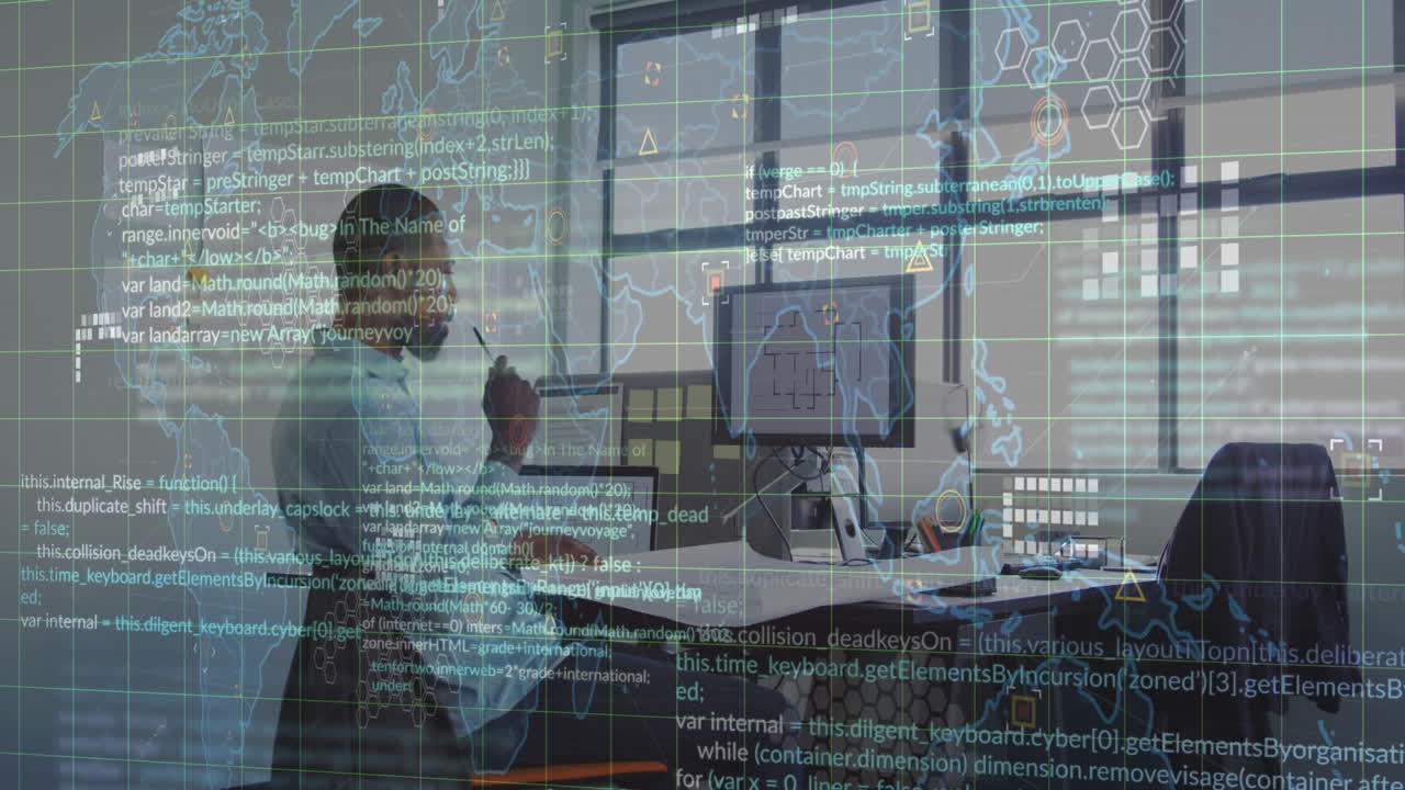 animación de procesamiento de datos financieros y mapa del mundo sobre empresario afroamericano