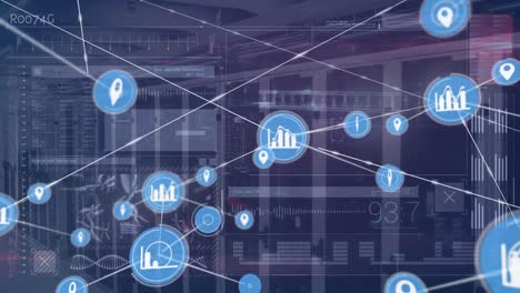 Animation-Eines-Netzwerks-Von-Mediensymbolen,-Die-Daten-über-Computerserver-Austauschen